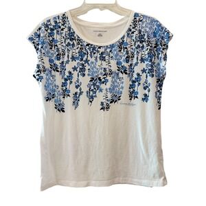 Tommy Hilfiger Floral T Shirt Top White Blue Botanical Print Medium M